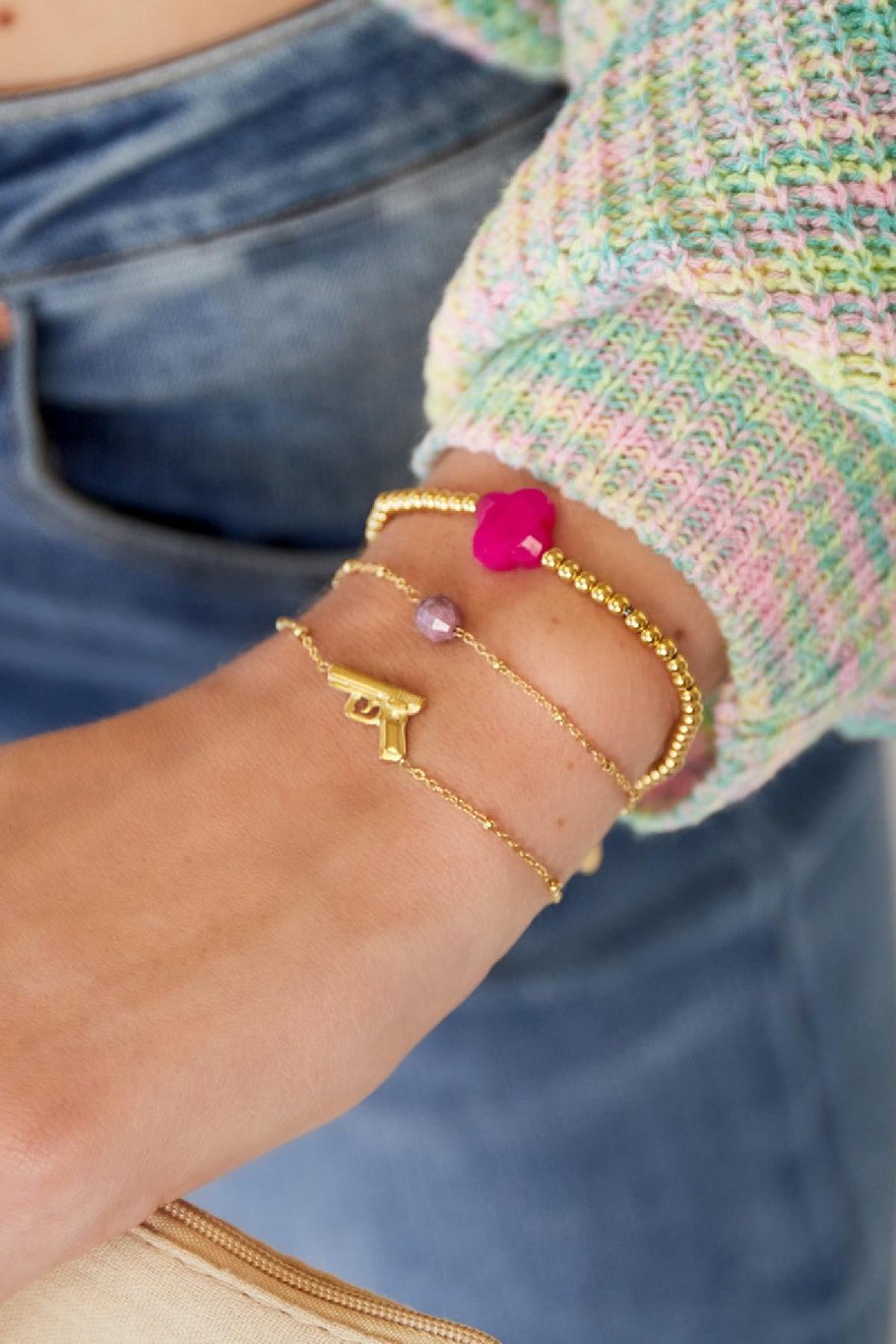 bracelet en acier inoxydable avec pierre classique vert &amp; couleur or Image2